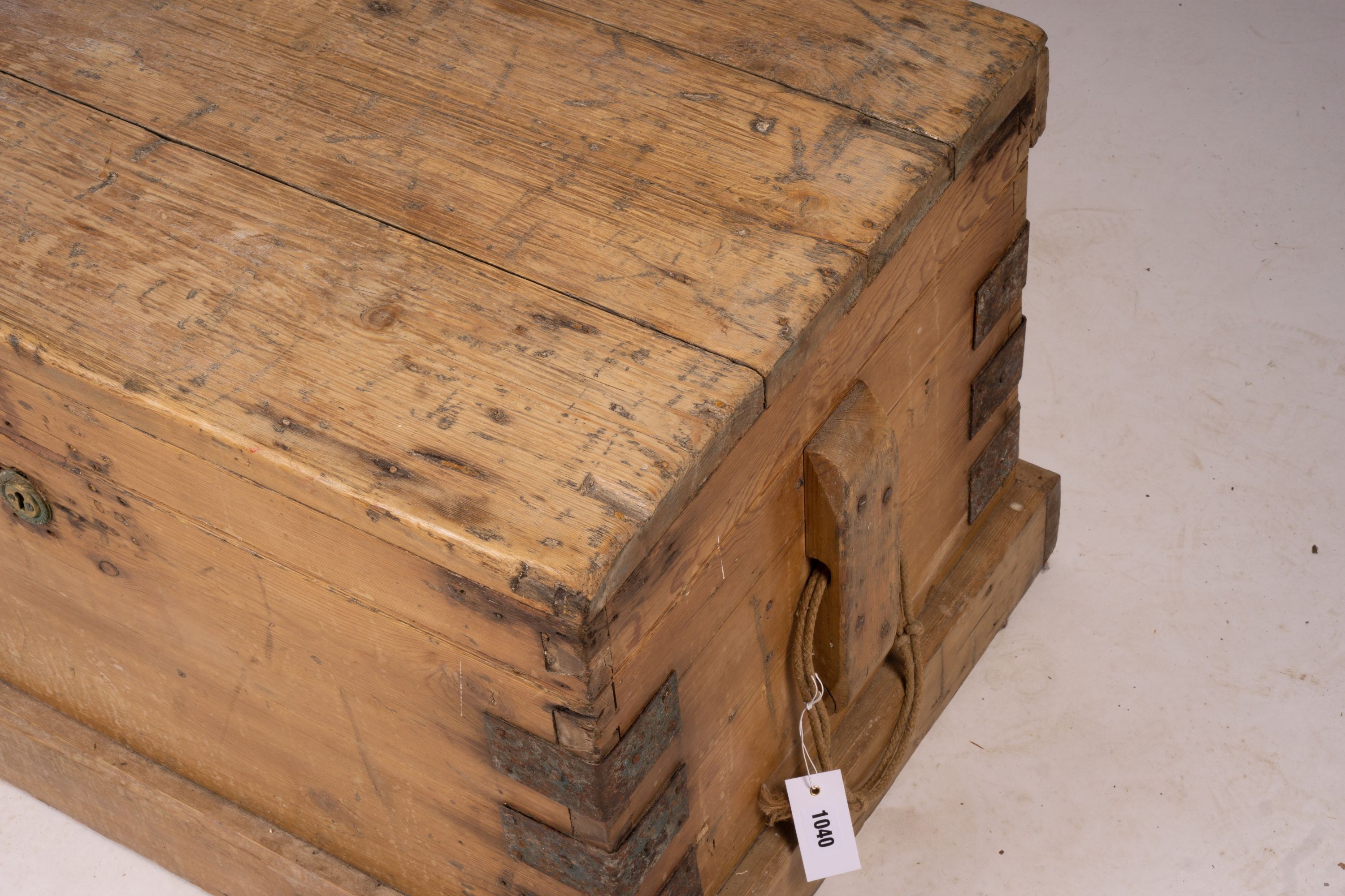 A Victorian iron bound rectangular pine trunk, length 88cm, depth 52cm, height 48cm
